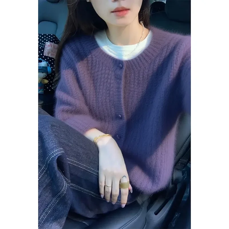 韩系慵懒风保暖气质软糯紫色毛衣开衫女冬内搭可外穿厚毛织上衣