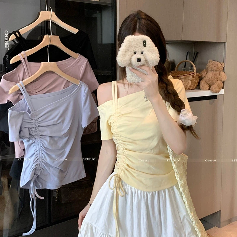 【6648】大码女装胖mm设计感斜领露肩抽绳上衣夏季收腰显瘦短袖T恤