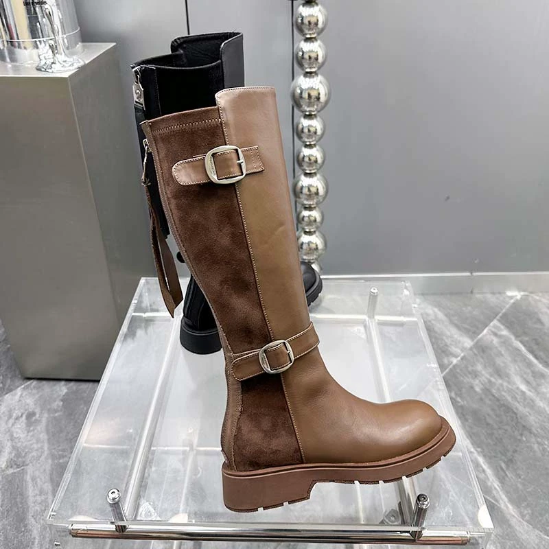 【现货】厚底复古长靴子女鞋2024秋季新款真皮不过膝骑士靴Q999-9