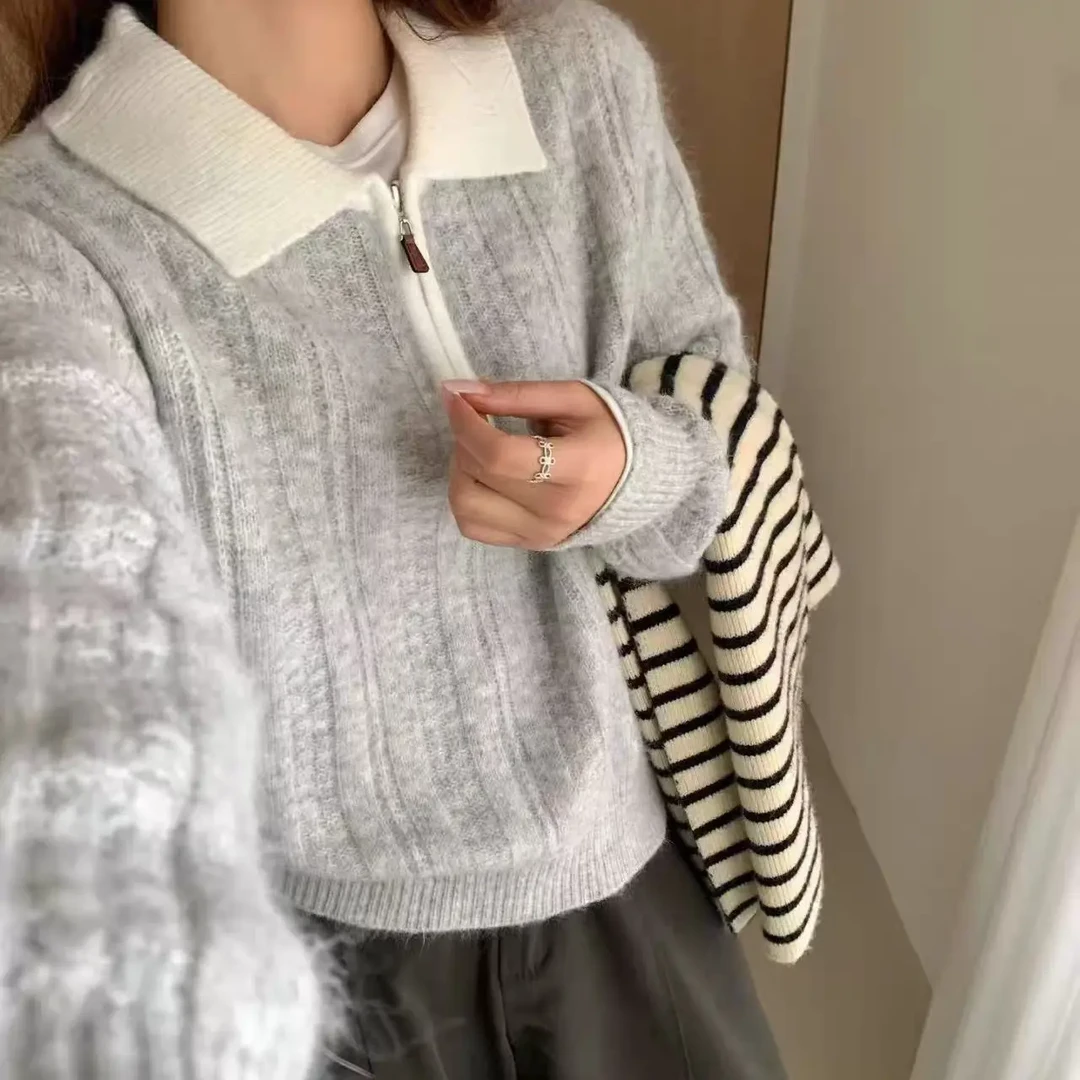 半拉链翻领韩系慵懒风显瘦针织衫