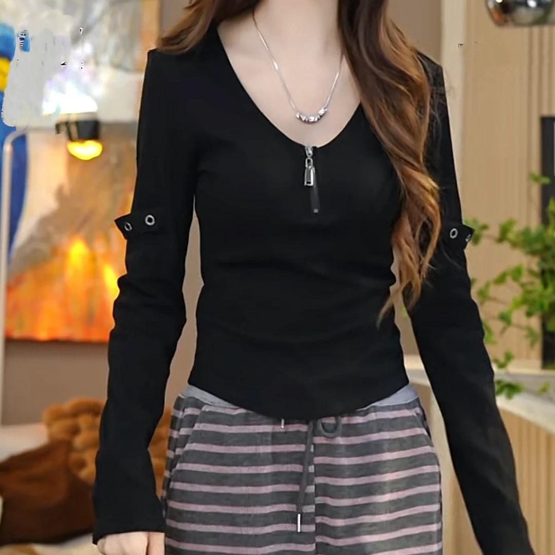 设计感上衣纯色V领半拉链螺纹棉长袖2025新款春季高级感打底衫