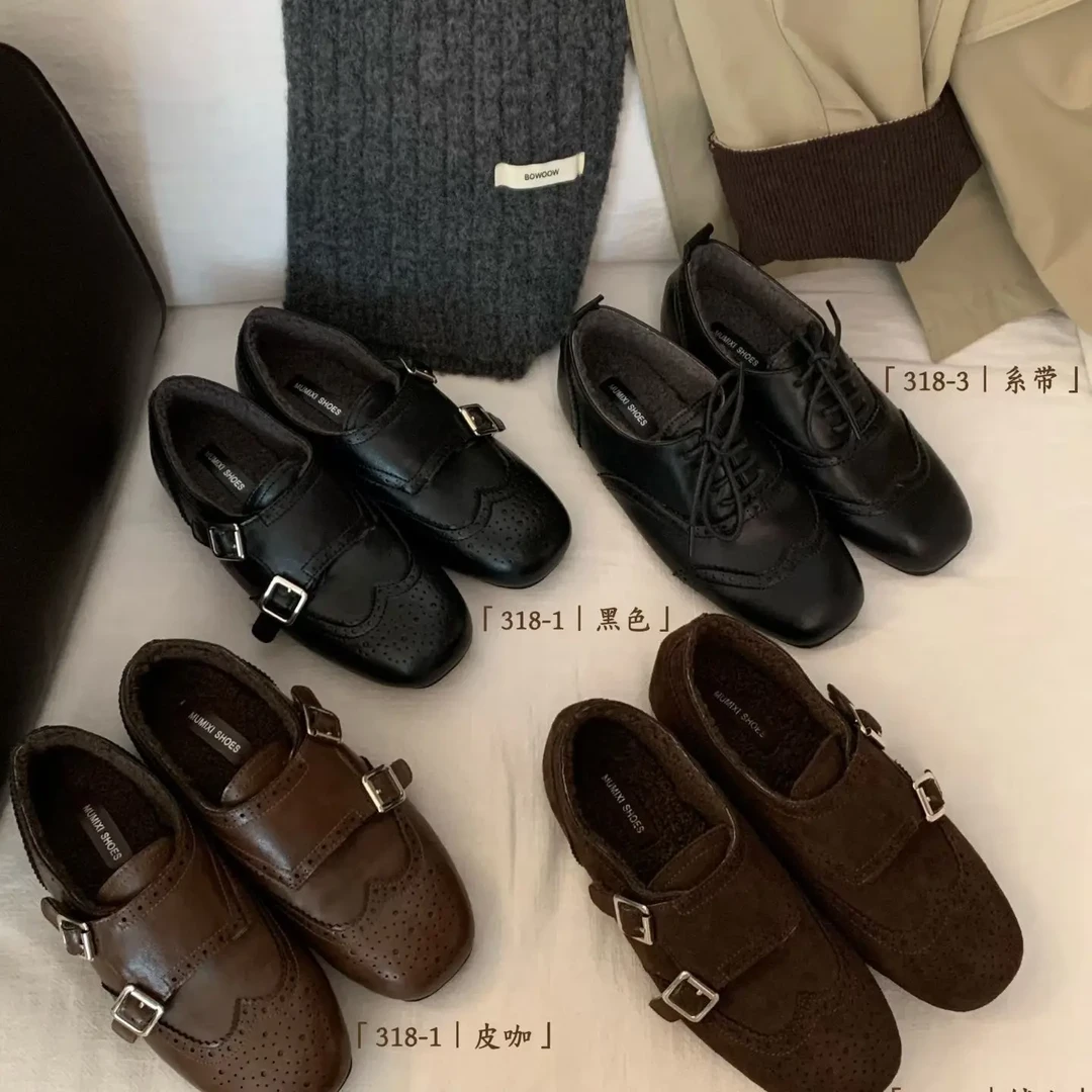 318复古英伦风雕花方头加绒乐福鞋女秋冬新款百搭小皮鞋