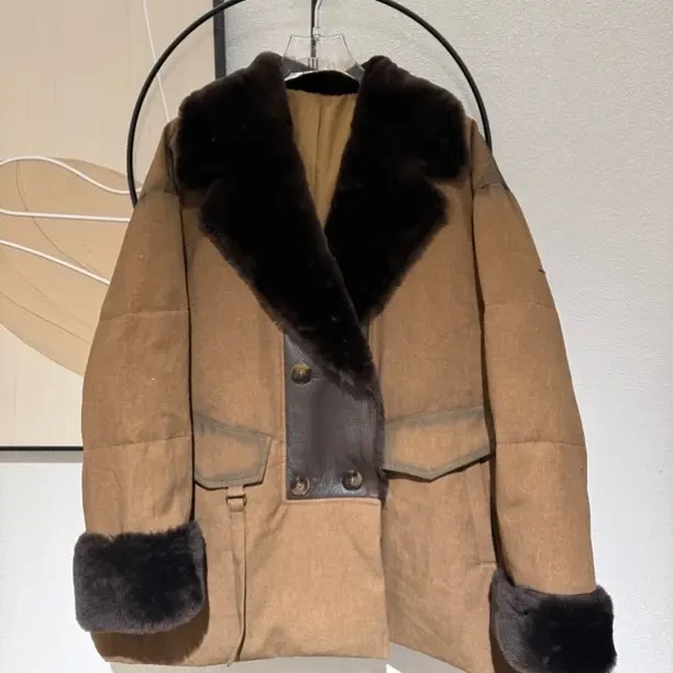 冬季新中式水貂拼接亚麻毛一体大翻领保暖鹅绒服外套女