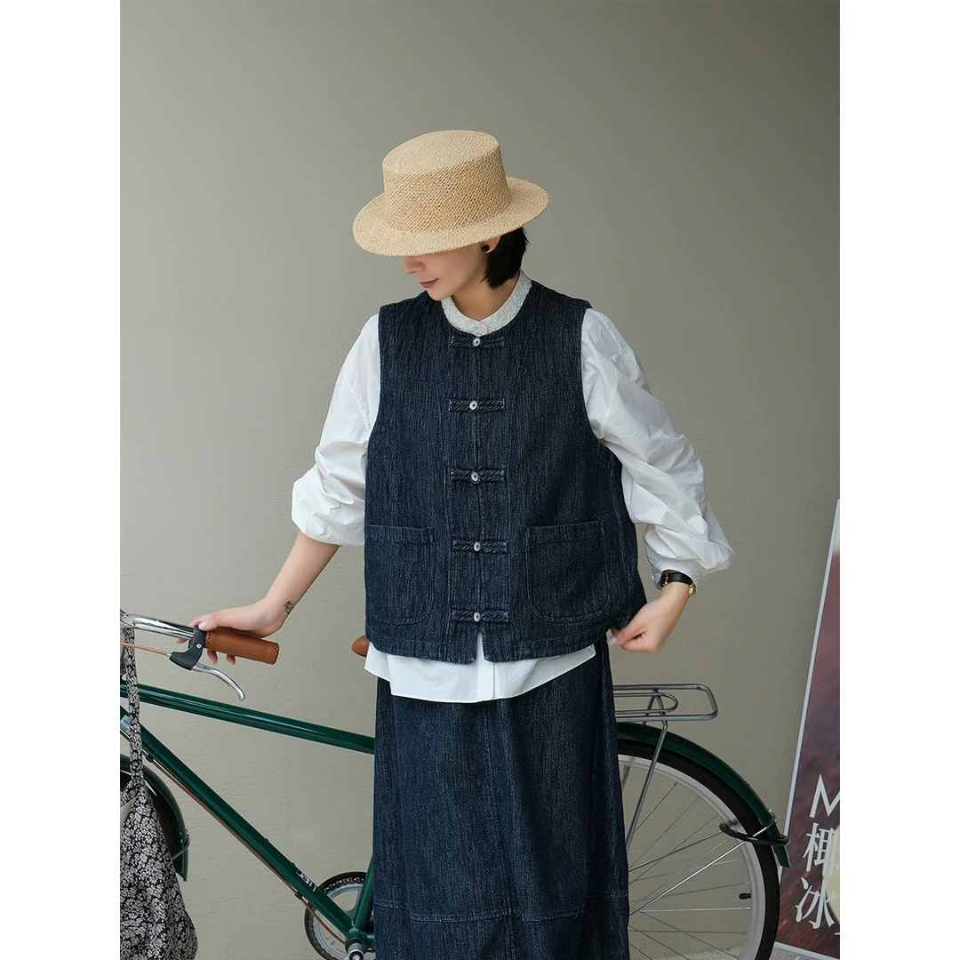麻霖早春新品靛蓝染色棉混纺牛仔砂洗圆领无袖轻中式复古牛仔马甲