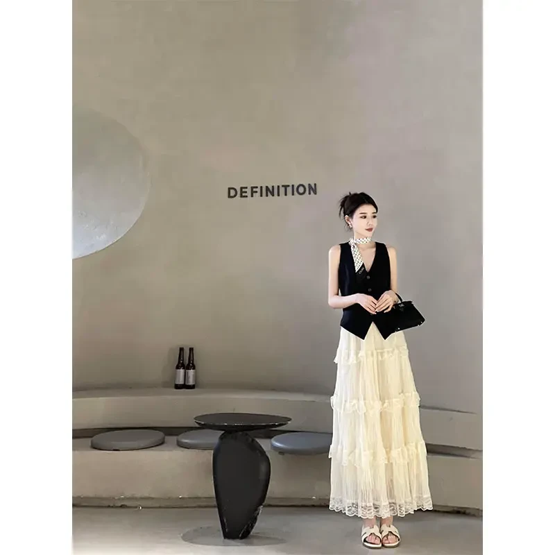 夏季小众时尚气质休闲百搭V领吊带背心上衣高腰显瘦蛋糕裙半身裙