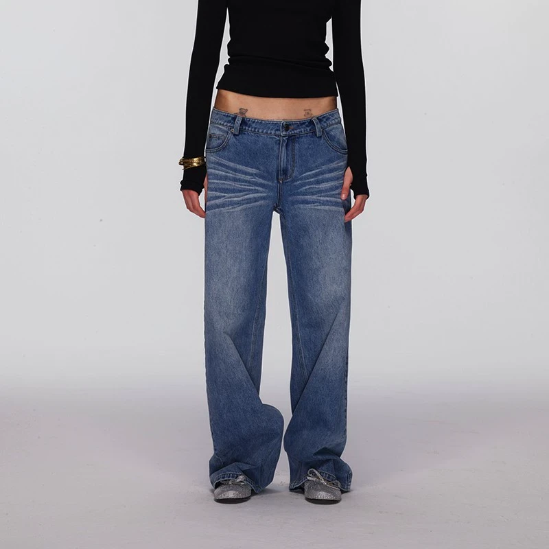 ECHOADE经典复古 时髦低腰设计猫须水洗纹理 宽松直筒廓形牛仔裤