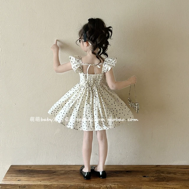 女童小飞袖波点连衣裙2025夏季新款小女孩韩版设计感方领公主裙子