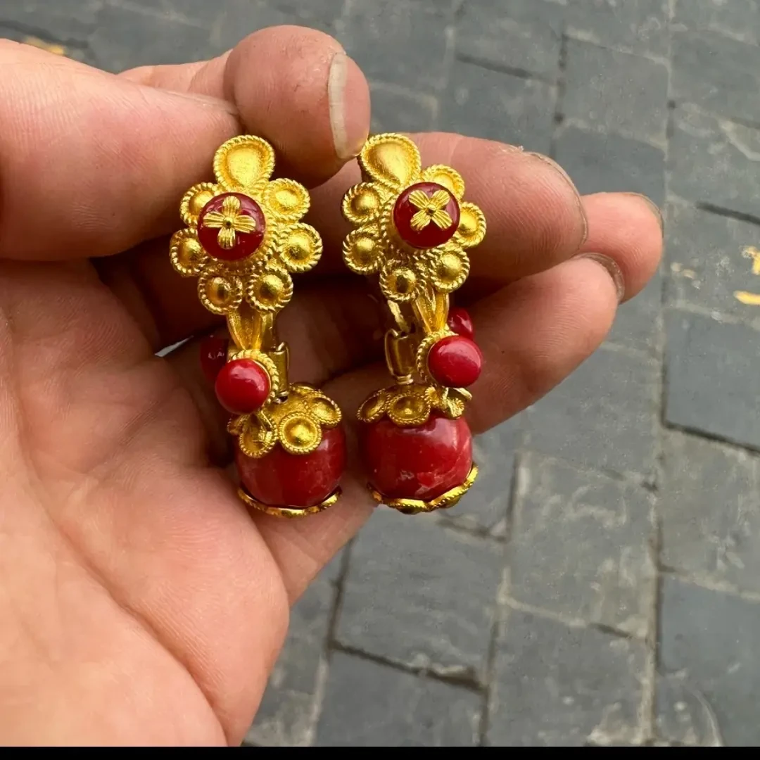 铜合金无非金属耳饰 民族风手工中古古法耳环金色百搭植物花卉