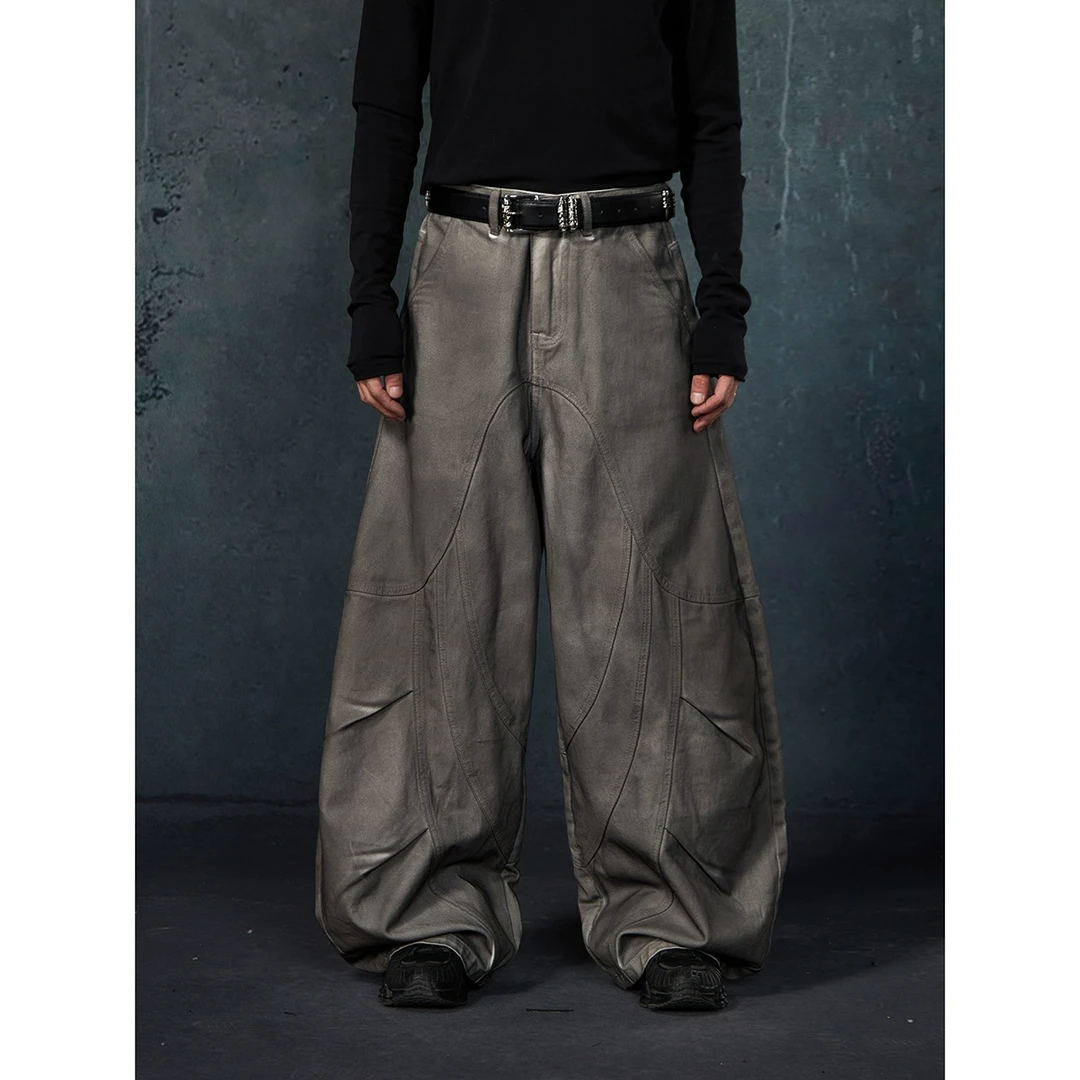 无人孤岛 暗黑复古做旧脏染水洗牛仔裤宽松弯刀阔腿拖地长裤