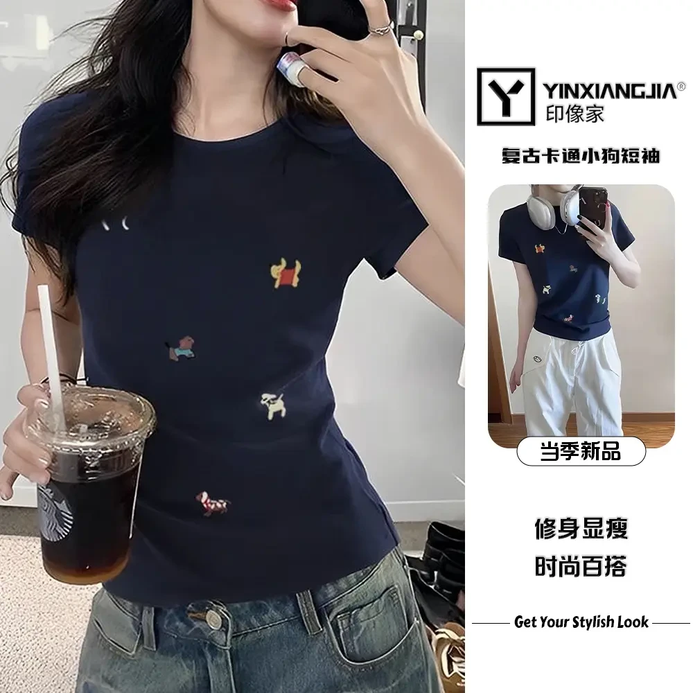 印像家夏季新款复古显瘦穿搭短袖女t恤卡通小狗设计感小众上衣