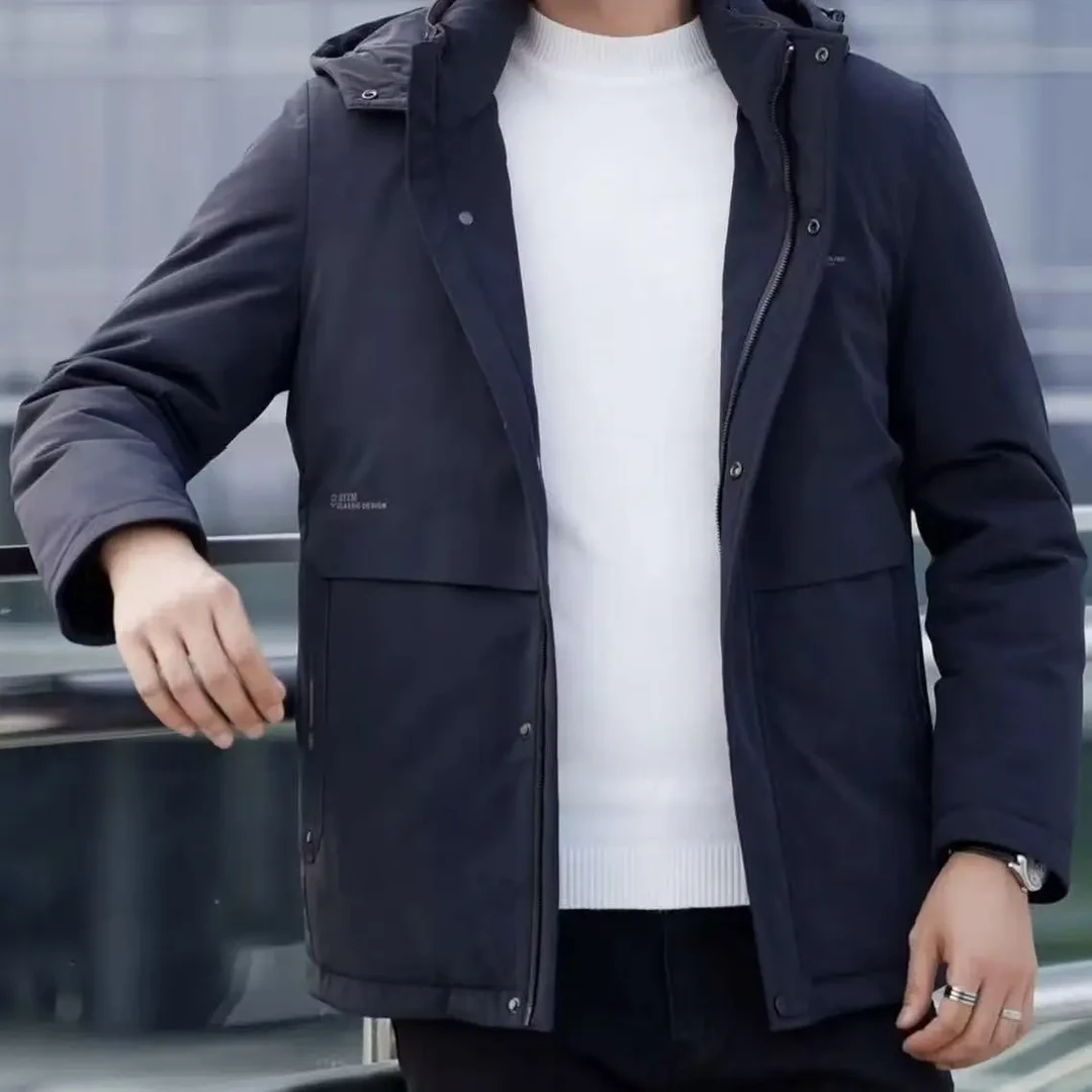 男士冬季新款加厚短款连帽可脱卸内胆白鸭绒绒商务保暖外套