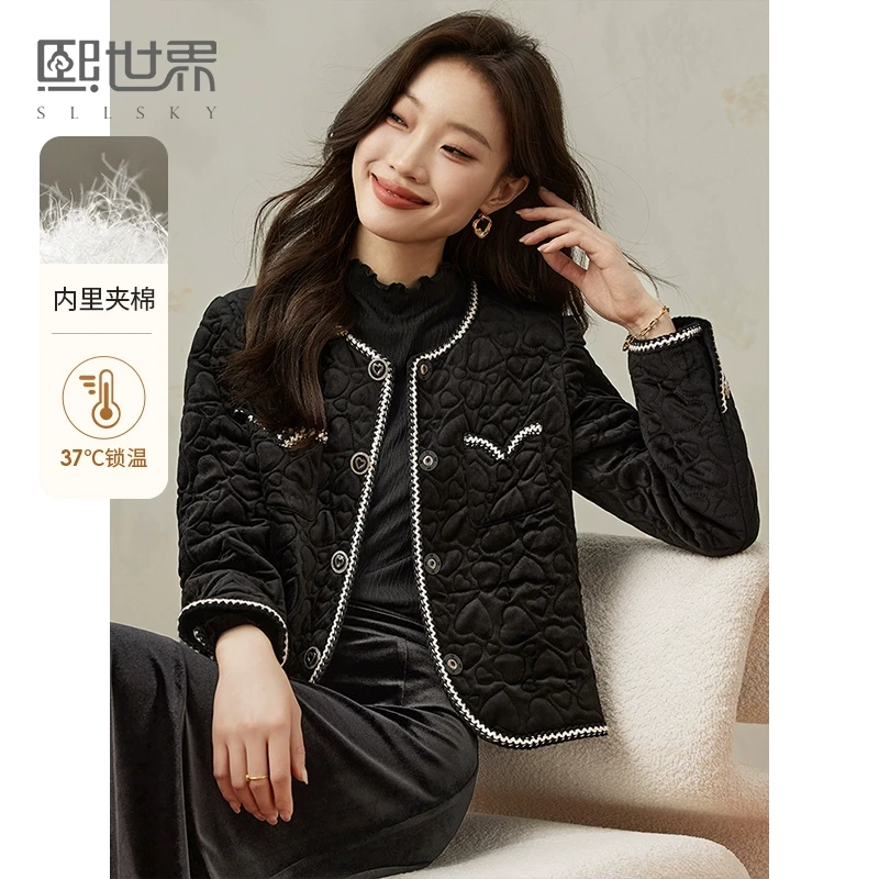 熙世界千金小香风丝绒棉服棉衣女小个子气质夹棉短外套2023冬新款