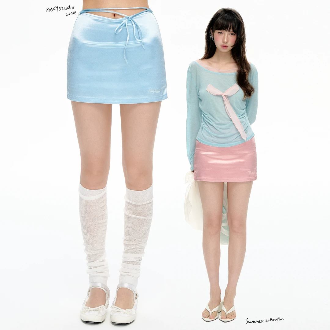 NECY缎面半身裙舒适柔软短裙显瘦a字裙女夏基础光泽感系带包臀裙