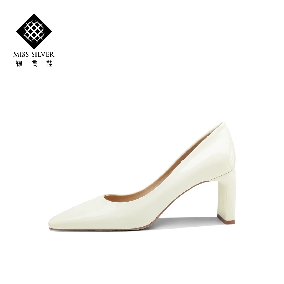 MISSSILVER方头白色高跟鞋女粗跟时尚方跟浅口单鞋女百搭漆皮女鞋
