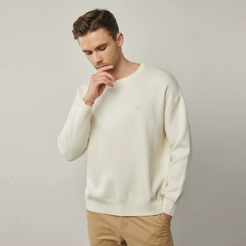 HECHTER针织卫衣秋冬男士套头圆领加厚刺绣白色上衣圆领TN42211