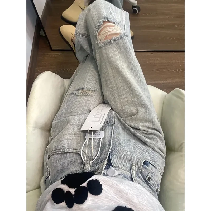 破洞设计感直筒牛仔裤女2025春季新款复古高腰宽松显瘦拖地阔腿裤