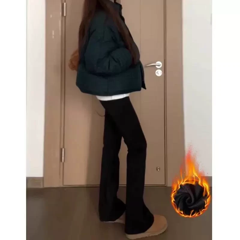 雪千羽黑色微喇牛仔裤女秋冬加绒高腰弹力小个子拖地马蹄喇叭裤子