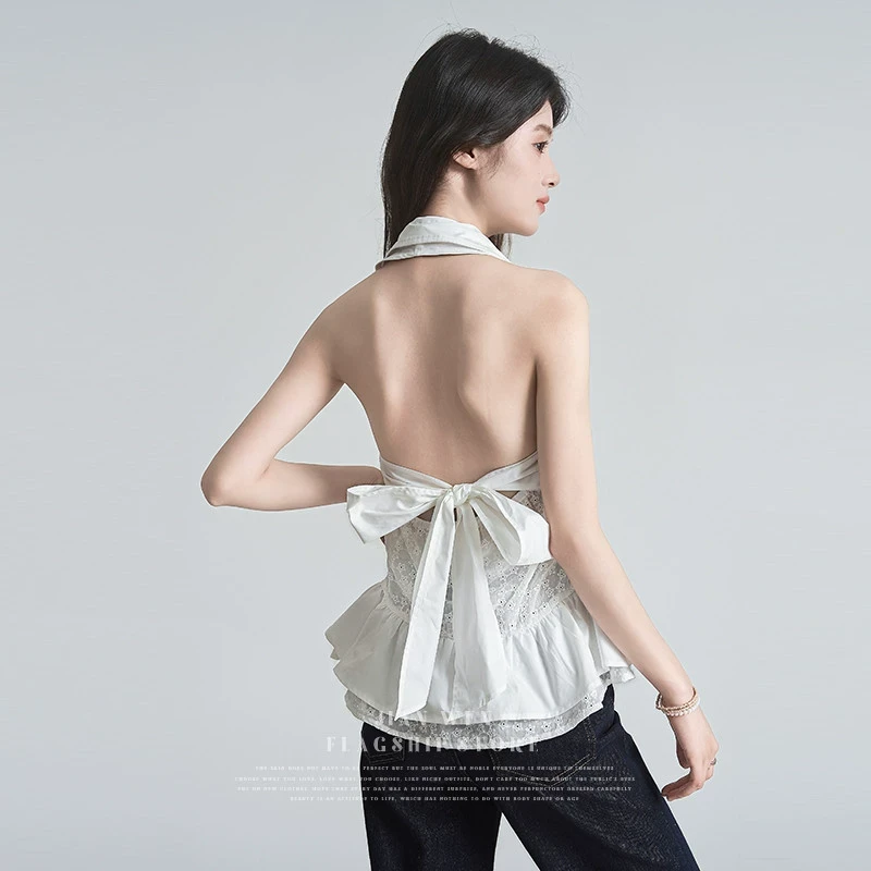 蝴蝶结蕾丝拼接花边无袖衬衫女2025夏季新款修身显瘦挂脖露背上衣