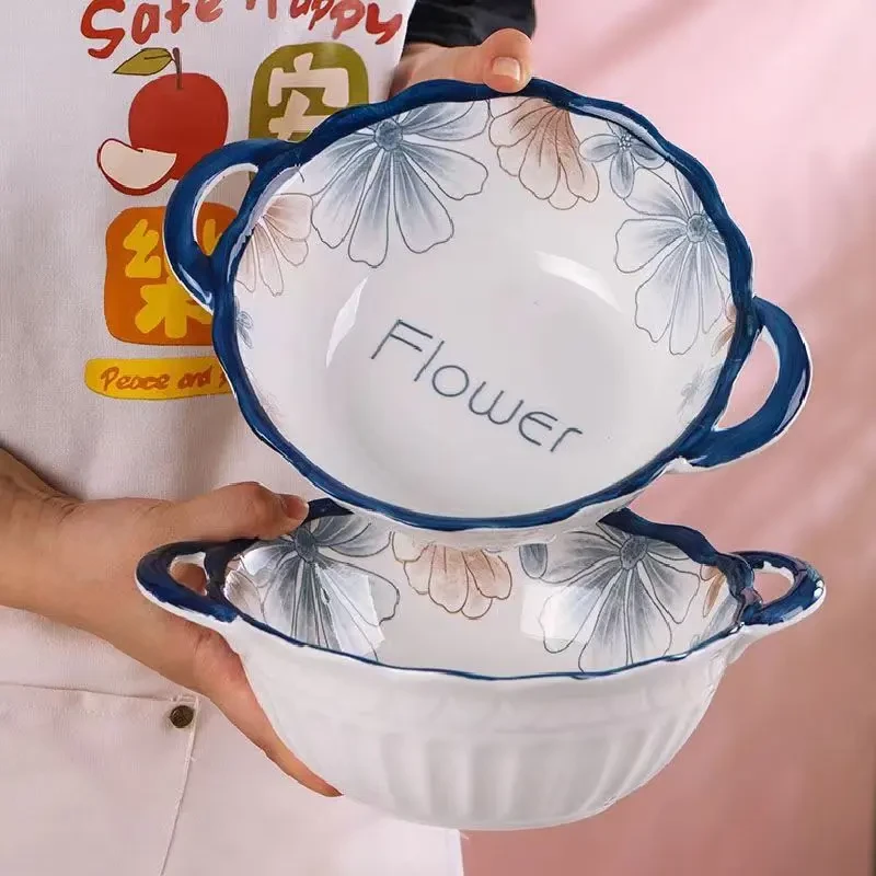 兰棕大花沙拉碗10英寸双耳大汤碗家用陶瓷釉下彩大碗米饭碗A228