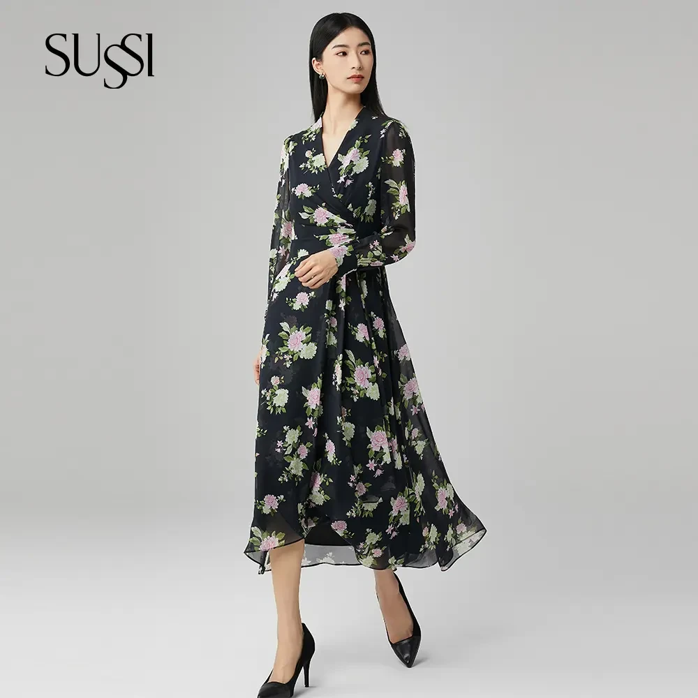 SUSSI/古色商场25春季黑色V领灯笼袖收腰显瘦印花连衣裙女