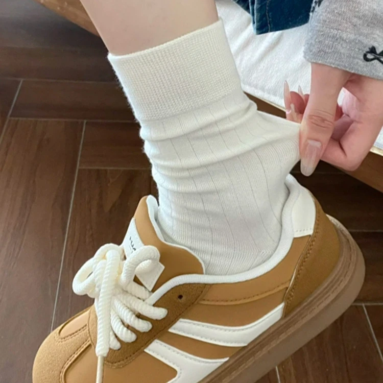 粗线针织港风白色春夏季袜子女月子袜棉袜中筒袜系白色堆堆袜yj
