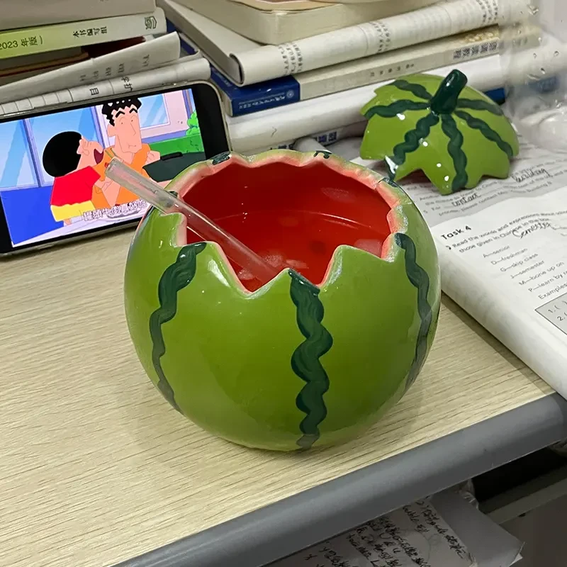 创意西瓜陶瓷泡面碗带盖汤饭碗大容量水果沙拉甜品收纳碗