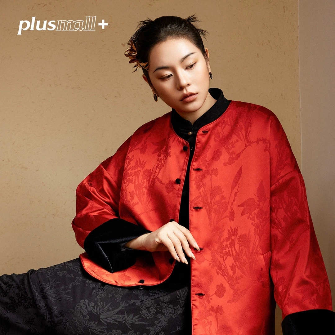 PLUSMALL 落雪红梅 丝绒拼接立体提花双面穿新中式外套PAC2412010