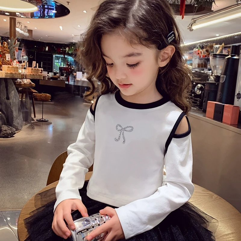 【现货】米米哈罗女童长袖T恤春装露肩上衣女孩百搭休闲打底C25013