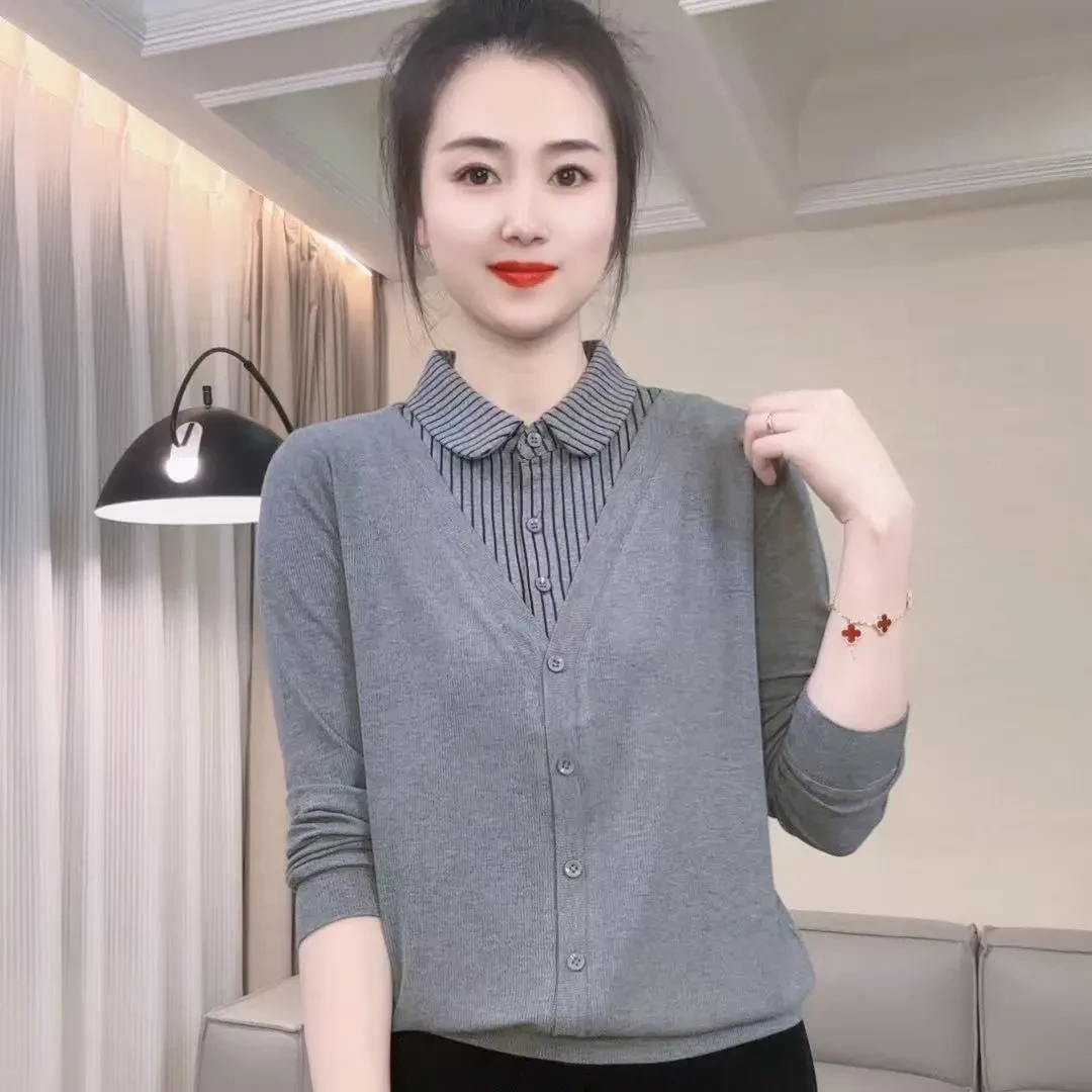新款螺纹棉衬衫领假两件条纹春秋款长袖衬衣针织百搭女士打底