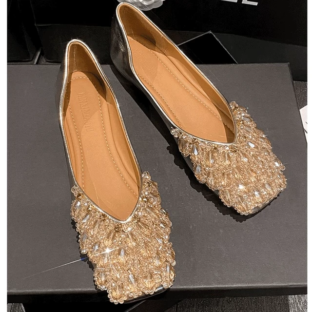 2024夏季新款时尚软底单鞋女法式方头水钻瓢鞋平底软面浅口豆豆鞋