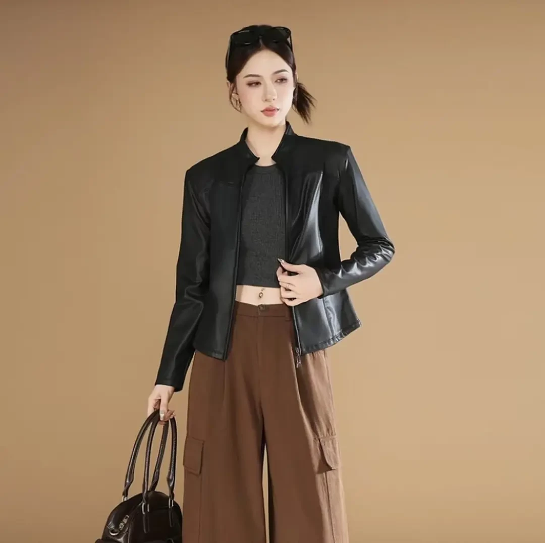 秋上新PU哑光立领皮衣女士短款黑色长袖百搭修身显瘦休闲夹克外套