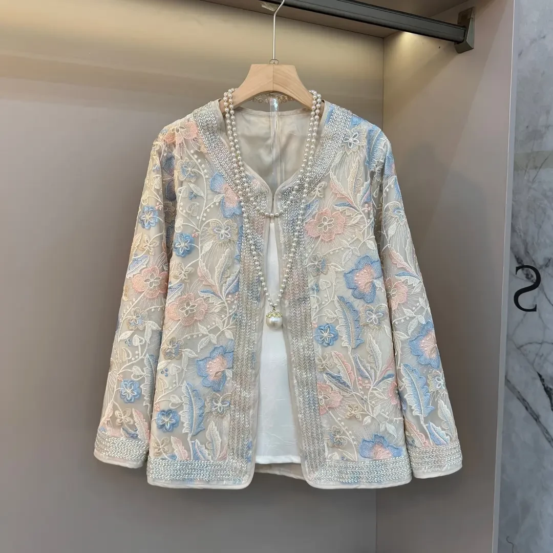 2025春季新款大码女装重工钉珠刺绣国风外套显瘦胖妹妹