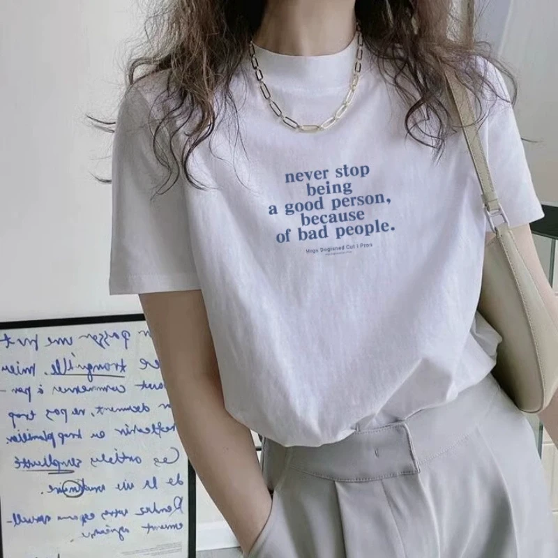 新款韩系白色半高领短袖t恤女士2025夏季基础款正肩半袖体恤上衣