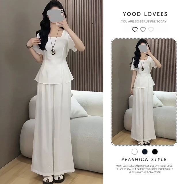 法式极简风套装女短袖开叉修身上衣一整套ootd穿搭新款高腰阔腿裤