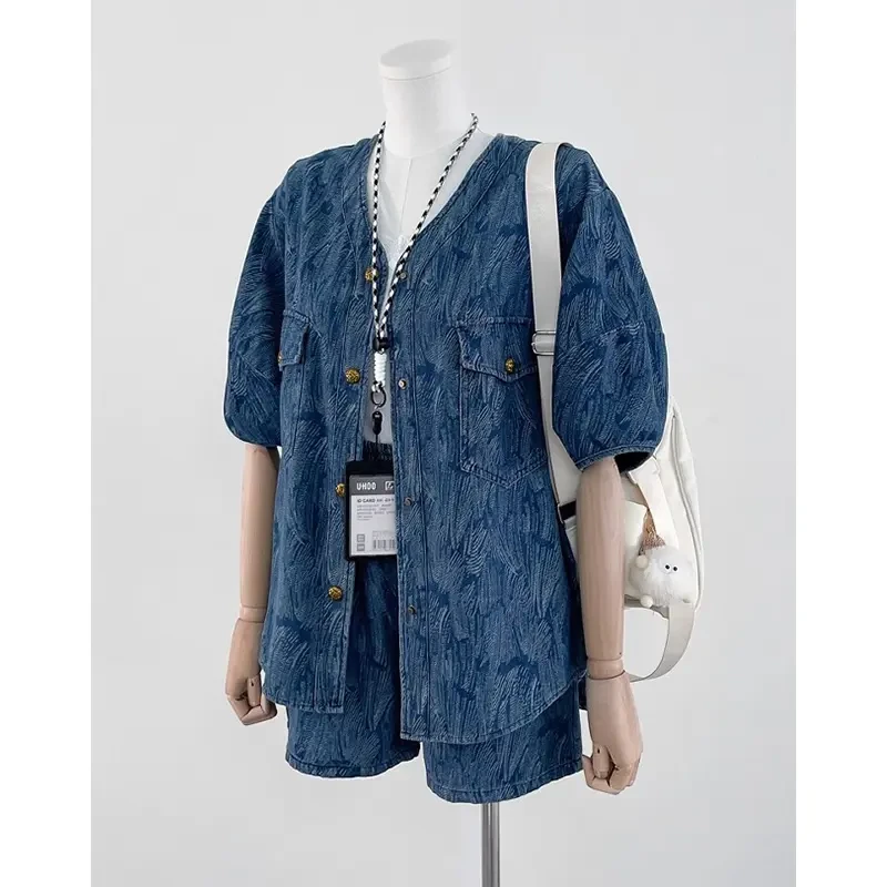 蓝色小个子穿搭薄款提花牛仔套装女夏季新款减龄显瘦慵懒风两件套