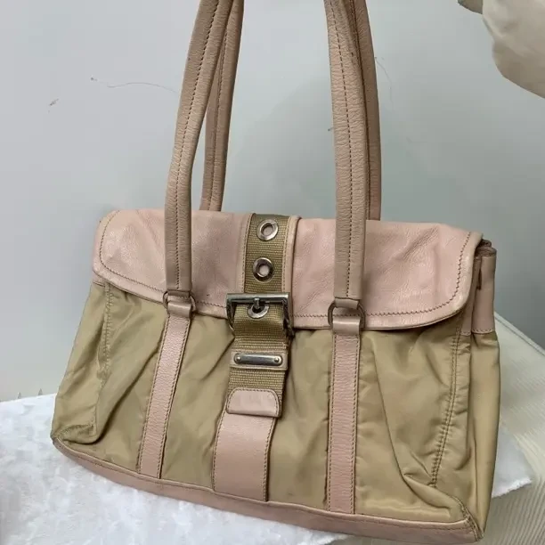 95新 Prada/普拉达 95新 棕黄色皮拼帆布手提单肩包