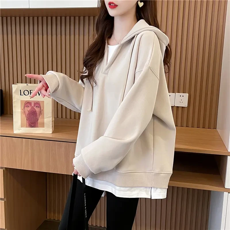 春秋薄款假两件带帽卫衣女2025新款韩版宽松胖mm大码休闲显瘦上衣