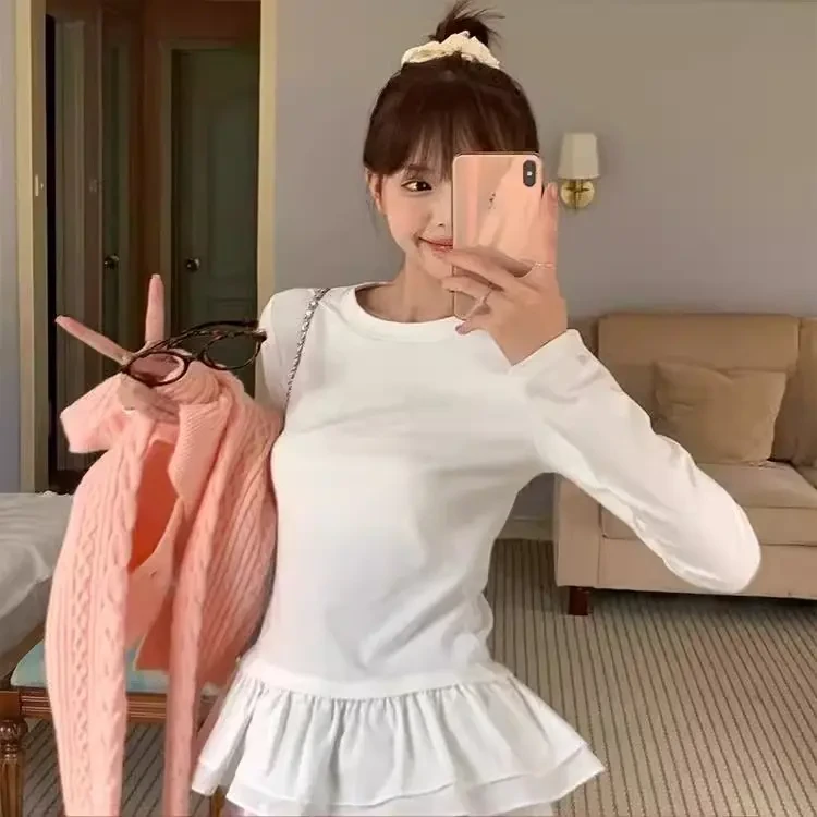 芭蕾风花边2025秋冬新款拼接白色长袖t恤女修身内搭打底衫上衣