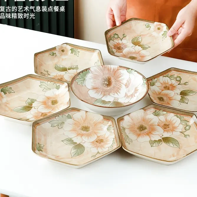 山茶花6只8.5英寸六角盘+1只8英寸汤碗陶瓷餐具家用复古菜盘X00