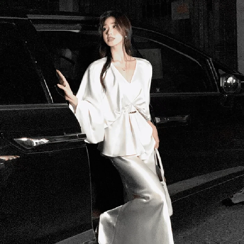 中东贵妇设计感手工抽褶纯色轻奢宽松白色衬衫包臀鱼尾裙套装女