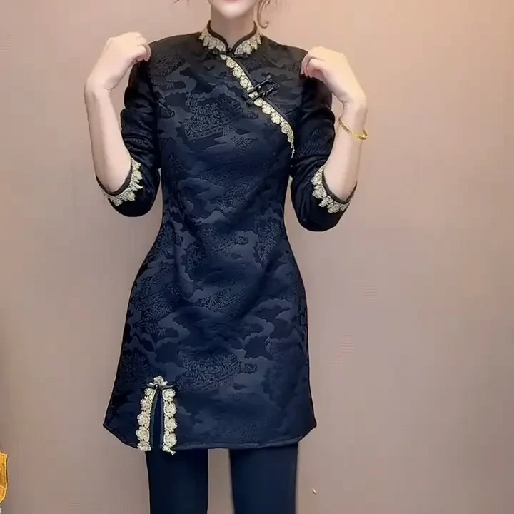 低开衩一字扣中裙新中式立领旗袍秋冬季