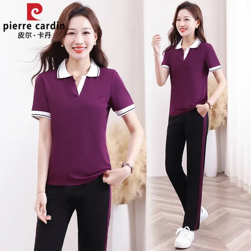 皮尔卡丹2025夏季新款印花时尚翻领冰丝短袖运动套装女潮流两件套