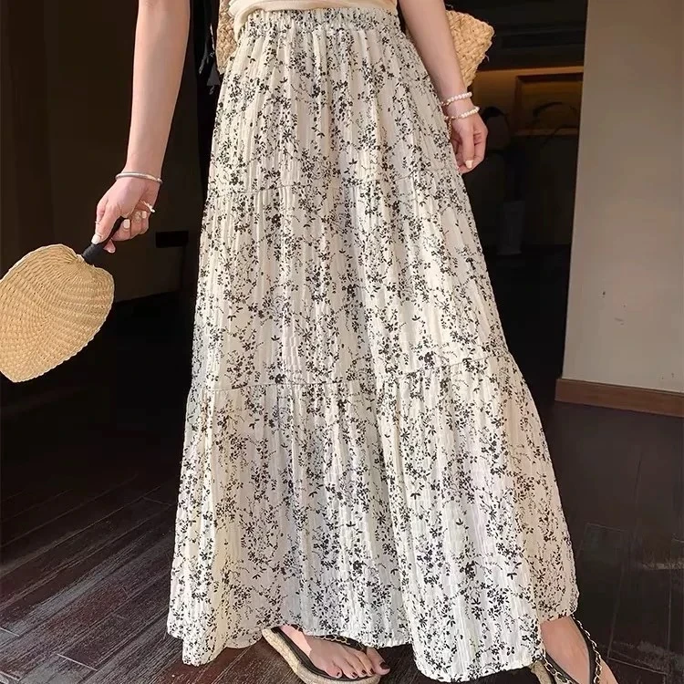 雪纺褶皱碎花半身裙女夏2025新款复古垂感中长款气质大摆a字长裙