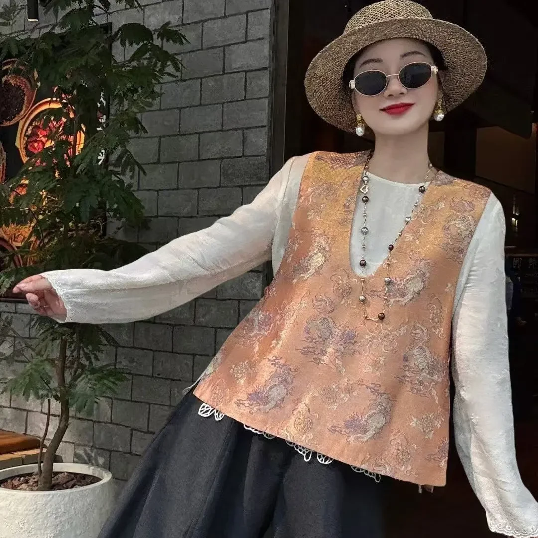 【宣羽中式】新中式国风气质织金大V领百搭马甲