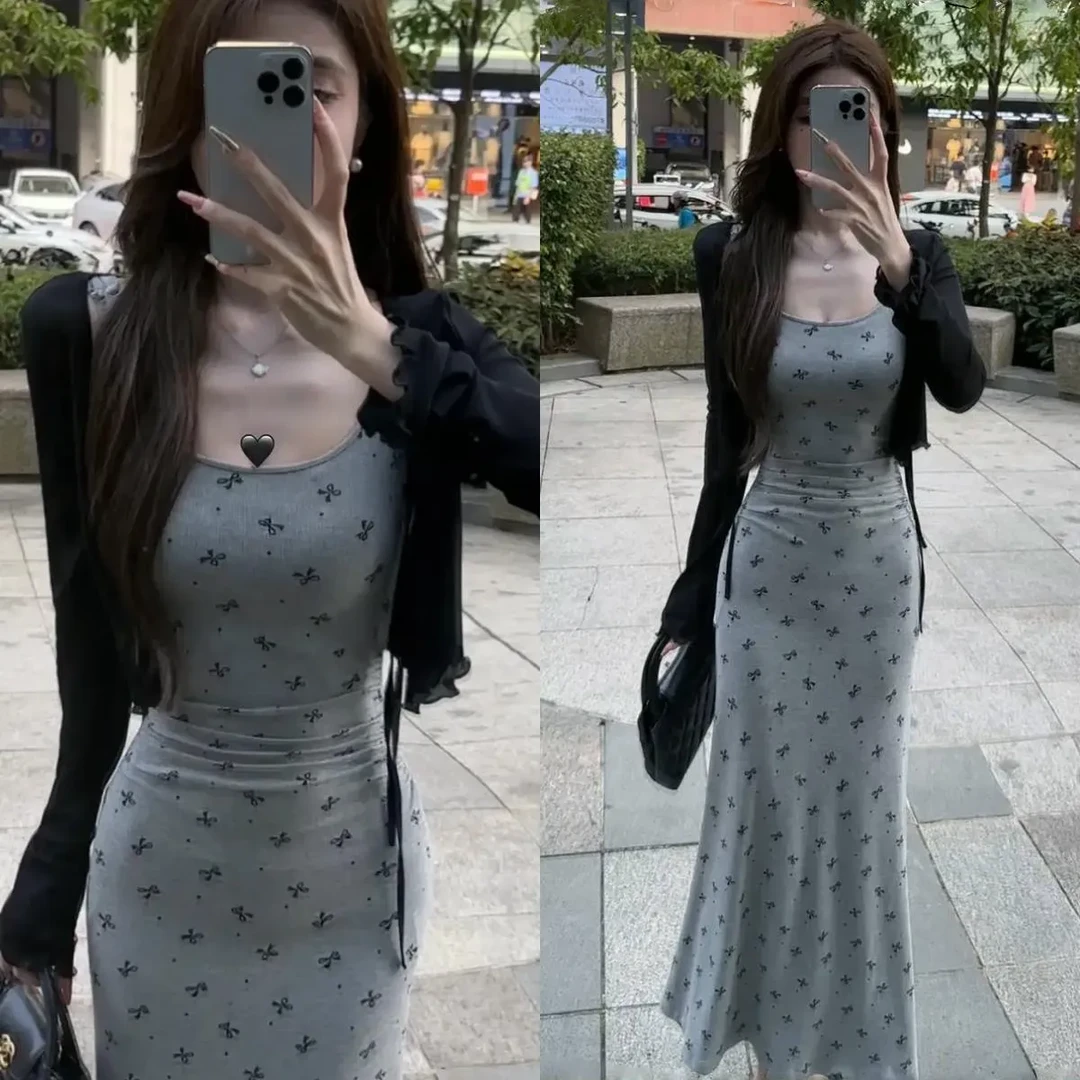 法式纯欲风蝴蝶结吊带连衣裙防晒罩衫套装女夏今年流行漂亮套装裙