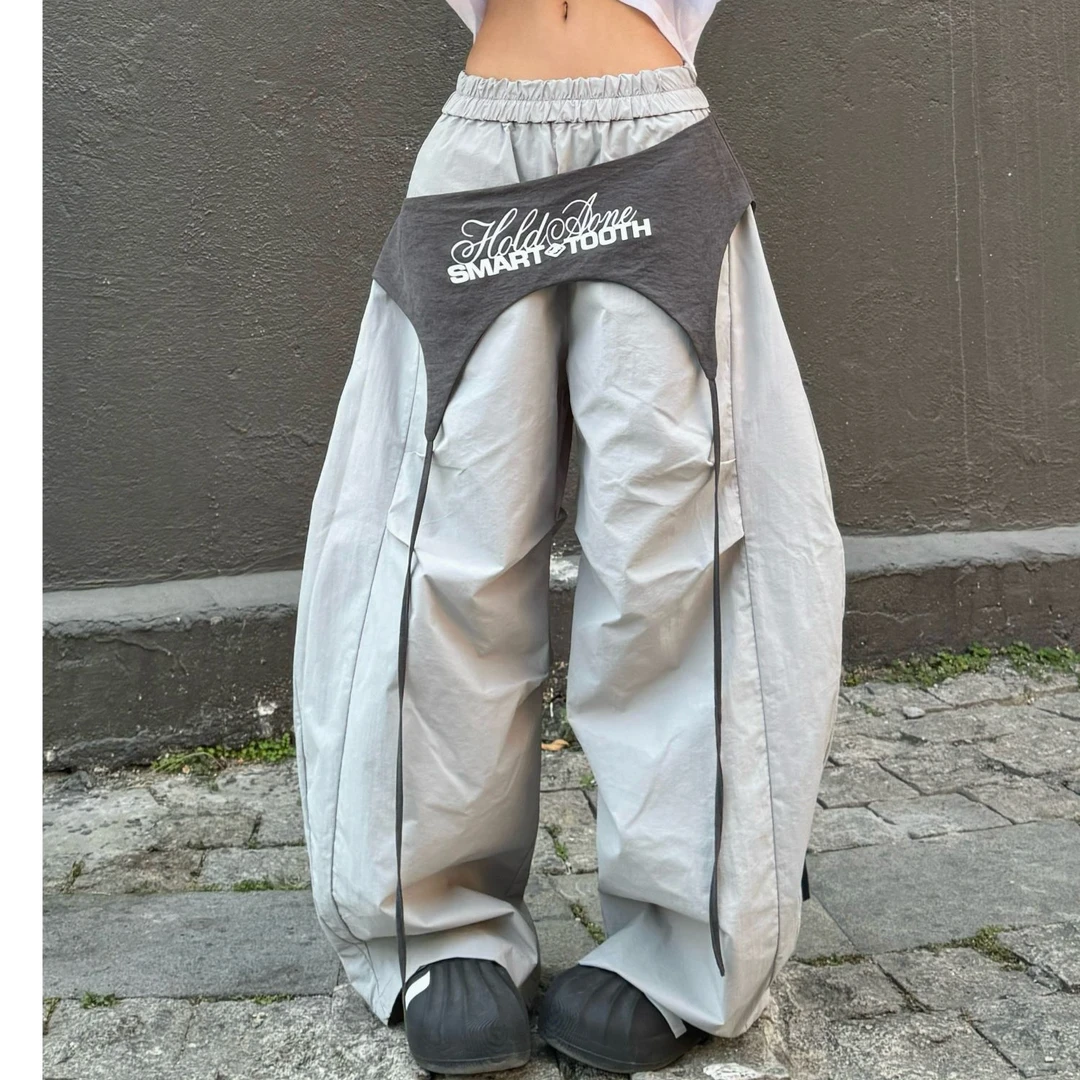 潮牌嘻哈爵士运动长裤男女小众设计感撞色绑带拼接廓形裤阔腿裤子