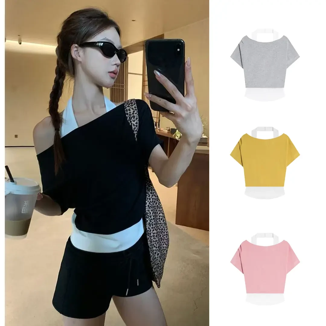 夏季拼接挂脖假两件斜肩短袖T恤女款设计感宽松气质露肩上衣撞色