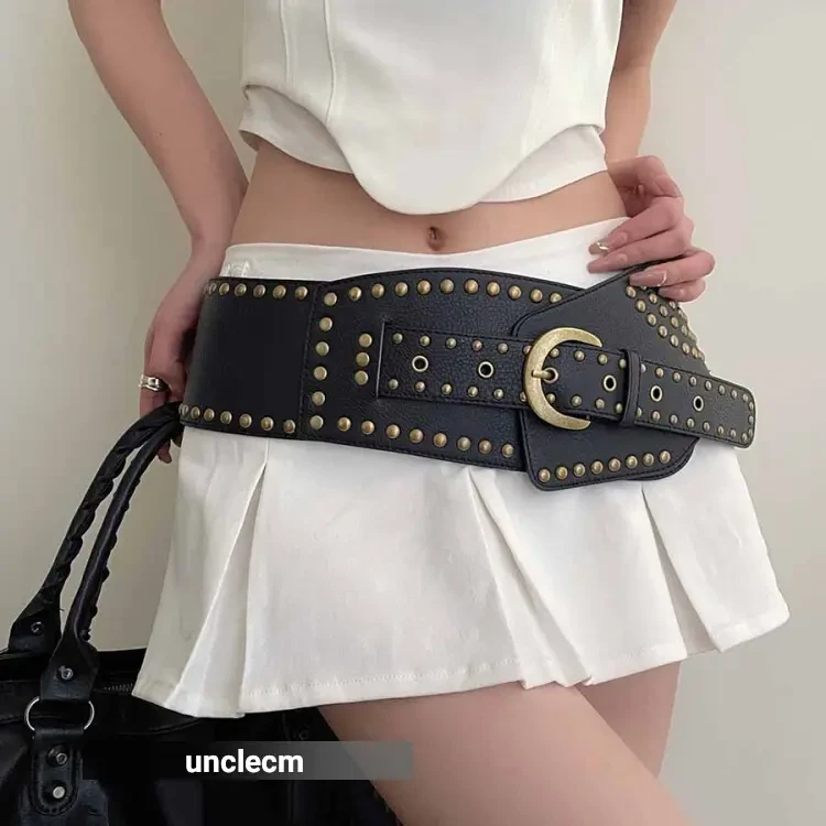 宽腰带女复古高级感时尚百搭装饰配裙子外搭潮铆钉朋克风腰封黑色