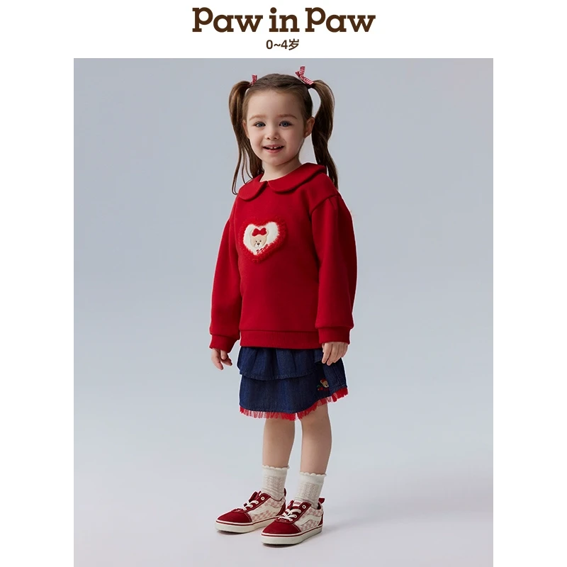 PawinPaw24年秋冬新款女宝宝花边娃娃领加绒卫衣红色PCMAE4C81M