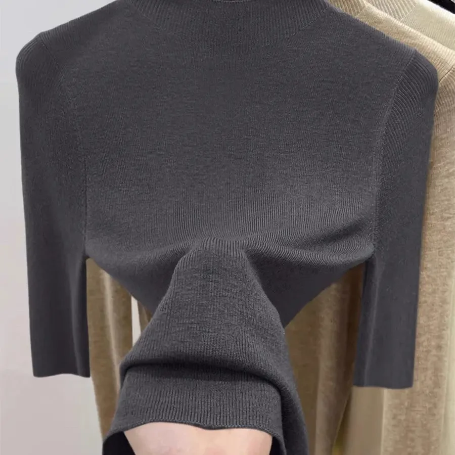 秋季新款灰色半高领中袖针织衫女内搭百搭上衣